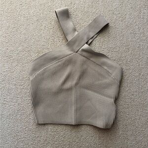 Babaton Beige Ribbed Cross-Strap Crop Top